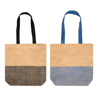 Paper Straw Tote Bag - 10L - A paper straw tote bag featuring a natural body with black and blue patterns and long handles in matching colours.