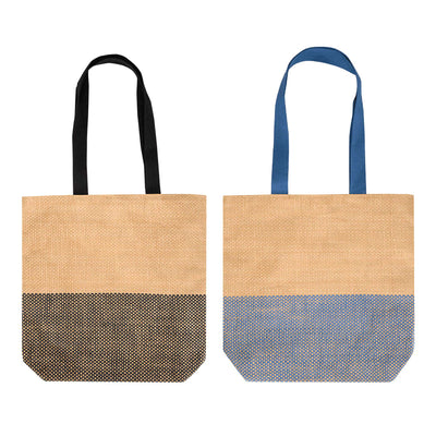 Paper Straw Tote Bag - 10L - A paper straw tote bag featuring a natural body with black and blue patterns and long handles in matching colours.