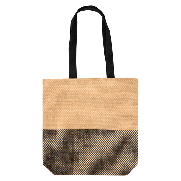 Paper Straw Tote Bag - 10L - A tote bag in natural and black, featuring a textured design and two sturdy handles. Includes a logo on the side.