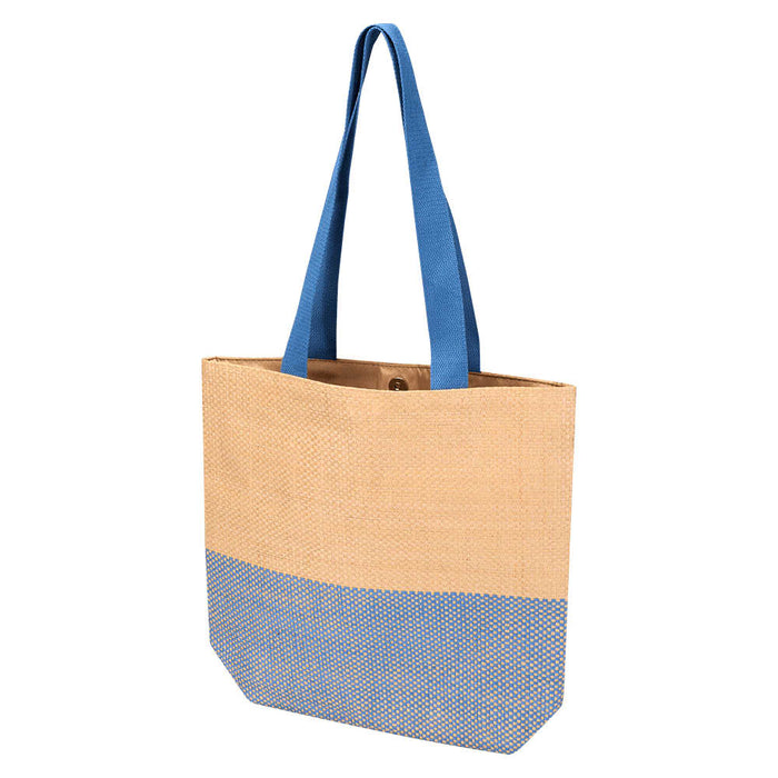 Paper Straw Tote Bag - 10L - A tote bag in beige with a blue bottom section and blue handles, featuring a logo on the side.