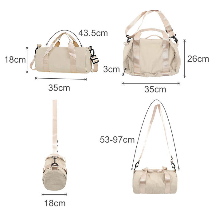 Bucket Duffle Bag With Wide Straps - A bucket duffle bag in beige with wide straps, featuring various dimensions and a detachable shoulder strap.