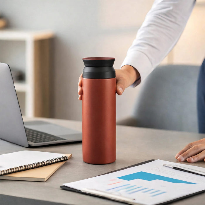 350ML/500ML Double Wall Stainless Steel Drink Bottle - A drink bottle in matte terracotta with a black lid, placed on a desk alongside a laptop and notepad.