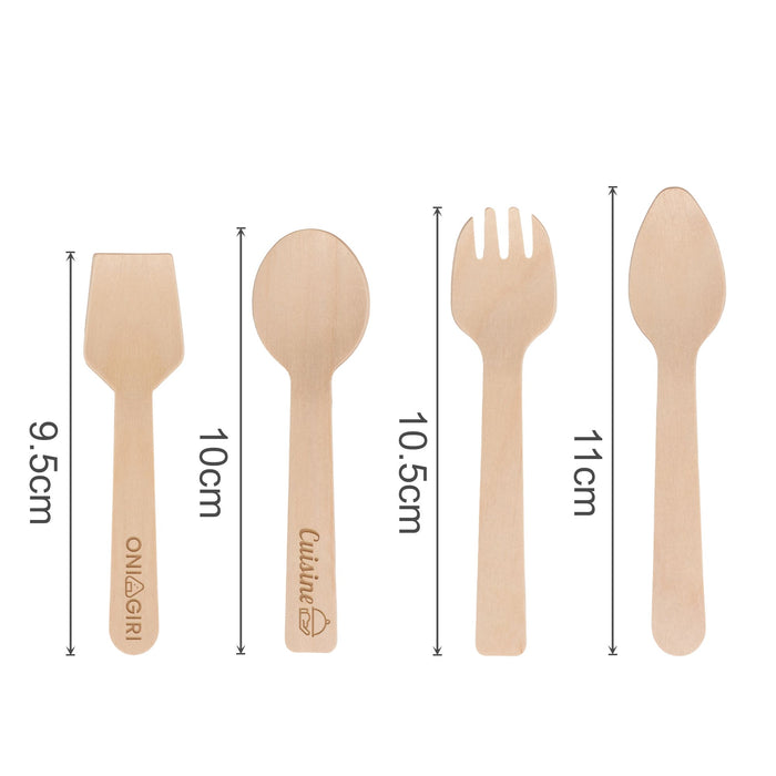 Pack of 100 Per Pack Disposable Birch Spoons/Forks (Small) - A pack of 100 disposable birch spoons and forks in natural wood colour, featuring different utensil shapes and sizes.