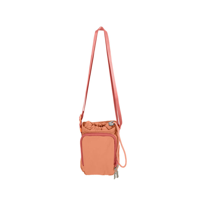 Water Bottle Holder with Strap - A drink bottle holder in a soft peach colour with a strap and a zippered pocket. It features a logo on the front.