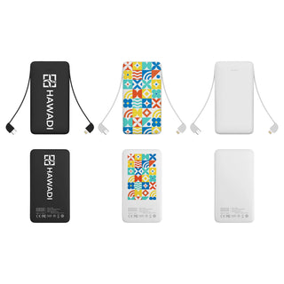 10000mAh Slim  Power Bank with Charging Cable - A collection of three power banks in various designs: one black, one white, and one with a colourful pattern, each including a charging cable.