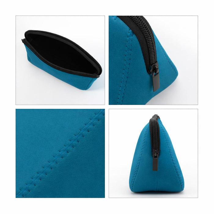 Neoprene Cosmetic Bag - A teal neoprene cosmetic bag with a black zipper, featuring a triangular design and interior lining.