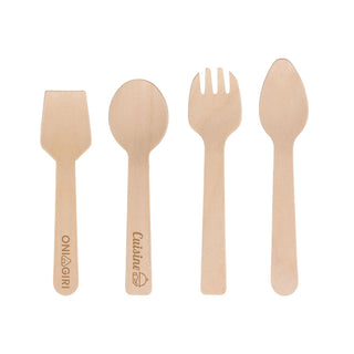 Pack of 100 Per Pack Disposable Birch Spoons/Forks (Small) - A pack of 100 disposable birch spoons and forks in natural wood colour, featuring various utensil shapes and a logo.