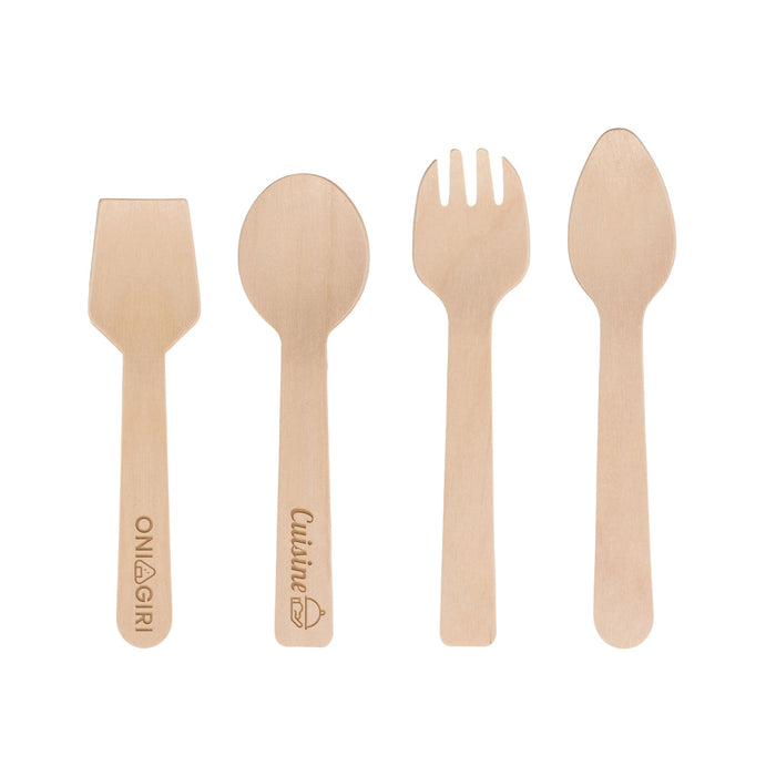Pack of 100 Per Pack Disposable Birch Spoons/Forks (Small) - A pack of 100 disposable birch spoons and forks in natural wood colour, featuring various utensil shapes and a logo.