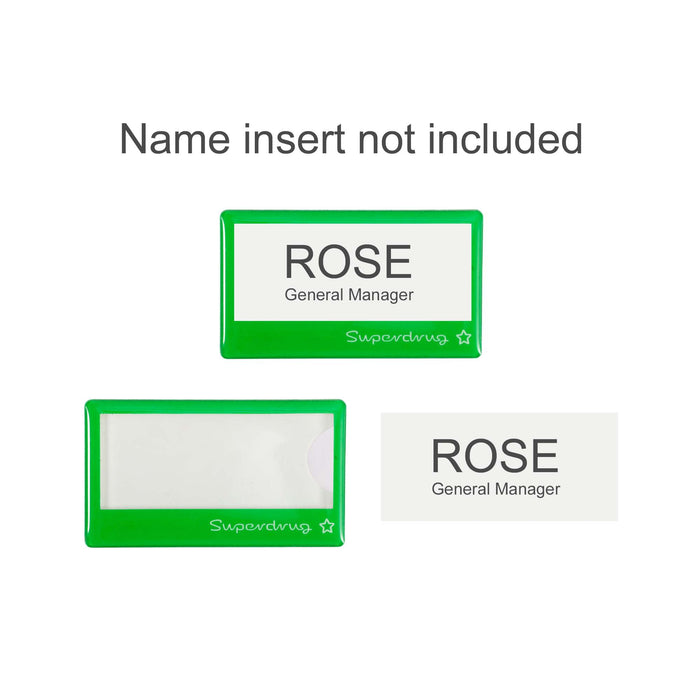 Custom Reusable Acrylic Name Badge - A green reusable acrylic name badge with a transparent section for name inserts. It has a logo on the front.