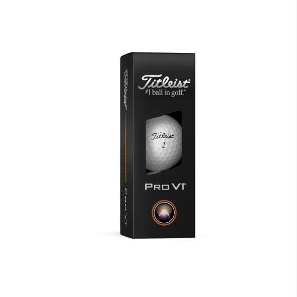 Titleist Prov1 - 3 Ball - A black box containing three white golf balls, labelled Pro V1, featuring a logo.