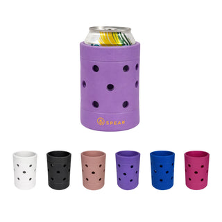 EVA Holes Stubby Holder - A drink bottle holder in purple with multiple holes, surrounded by holders in black, white, pink, and blue.