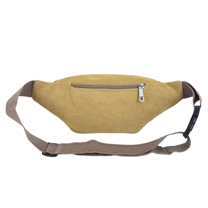 Canvas Waist Bag - A canvas waist bag in mustard yellow with a zippered front pocket and an adjustable brown strap.