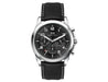 Chrono Unisex Watch, Leather Strap - A black unisex watch featuring a leather strap, silver accents, and a black dial with white and red details.
