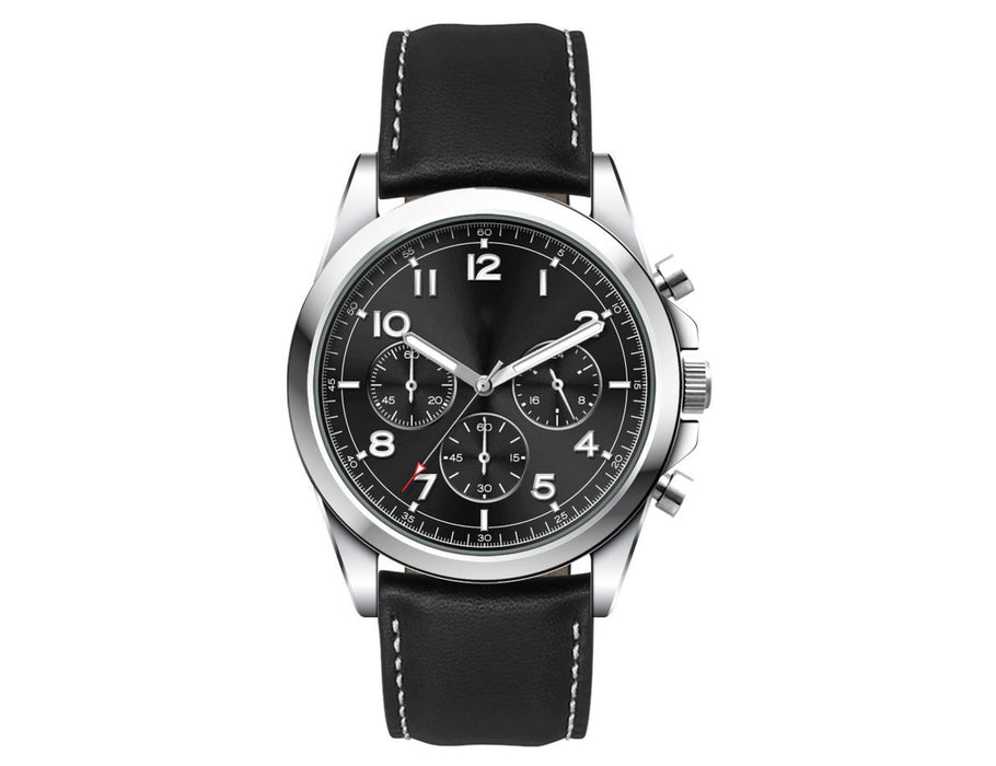 Chrono Unisex Watch, Leather Strap - A unisex watch featuring a black leather strap and a silver stainless steel case with a black dial and chronograph functions.