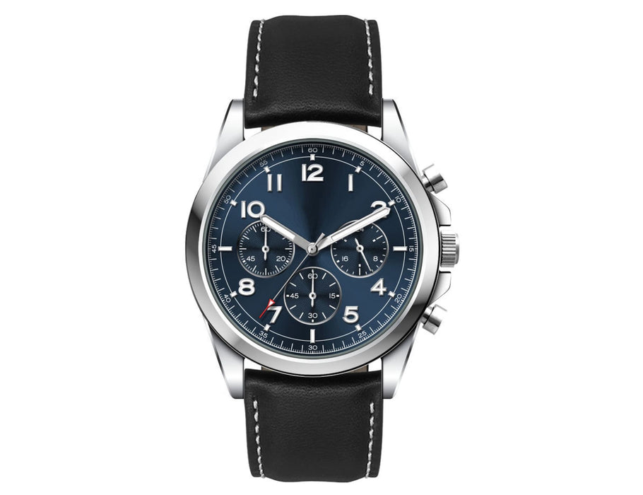 Chrono Unisex Watch, Leather Strap - A stylish watch with a blue dial, silver casing, and a black leather strap featuring white stitching.