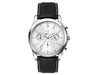 Chrono Unisex Watch, Leather Strap - A silver chronograph watch with a leather strap and a branded logo. The design features a clean, modern aesthetic.