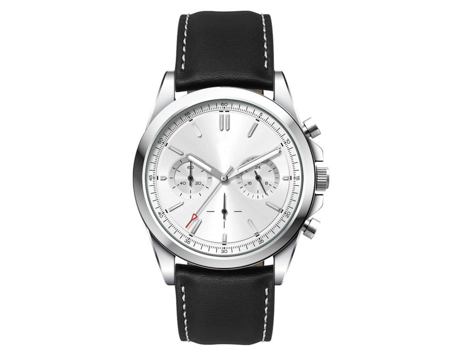 Chrono Unisex Watch, Leather Strap - A unisex watch with a silver face and black leather strap, featuring chronograph details and a logo.