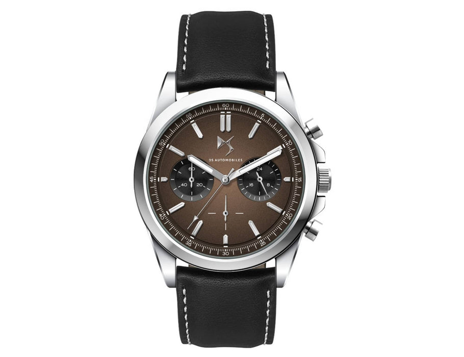 Chrono Unisex Watch, Leather Strap - A unisex watch with a brown dial, silver case, and black leather strap featuring white stitching and a logo.