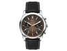 Chrono Unisex Watch, Leather Strap - A unisex watch with a brown dial, silver case, and black leather strap featuring white stitching and a logo.