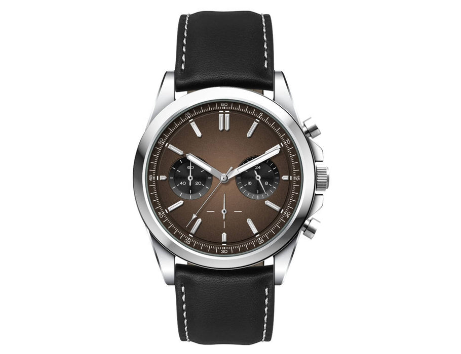 Chrono Unisex Watch, Leather Strap - A brown chronograph watch with a silver case and black leather strap, featuring a branded logo.