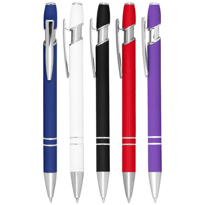 Talara Click Action Ballpoint Pen - A collection of Talara Click Action Ballpoint Pens in blue, white, black, red, and purple with silver accents.