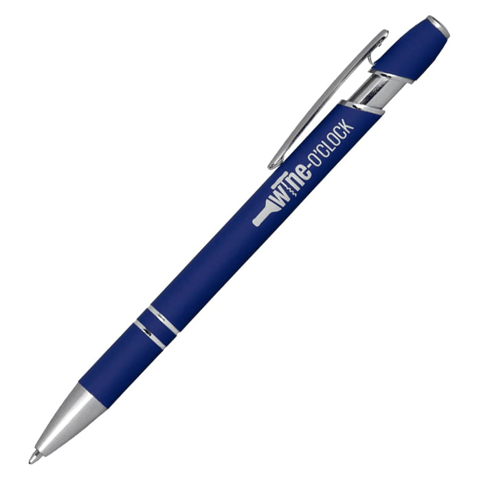 Talara Click Action Ballpoint Pen - A blue ballpoint pen with a click action mechanism and a silver clip, featuring a branding logo.