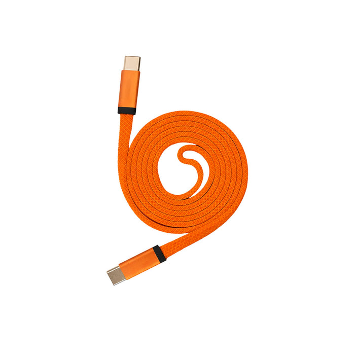 100W Magnetic Flat Braided Charging Cable - An orange flat braided charging cable with USB connectors at both ends, featuring a logo.