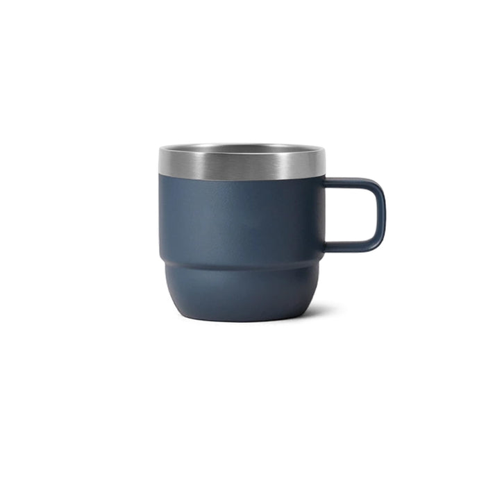 Stackable Stainless Steel Mug - A stackable stainless steel mug in navy blue with a silver rim and a side handle. It has a sleek, modern design.
