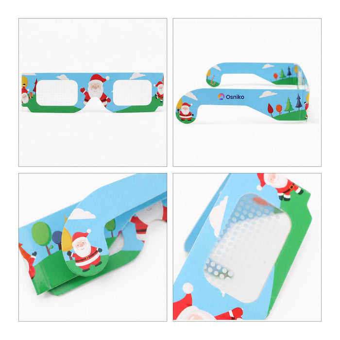 Paper Diffraction Glasses - Paper diffraction glasses with a blue design featuring Santa, trees, and balloons. Includes a branding logo.