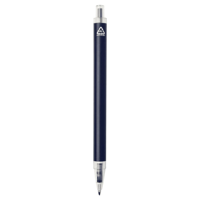 Spectrum Recycled Aluminium Ballpoint Pen - A navy blue recycled aluminium ballpoint pen with a clear clip and branding on the upper part.
