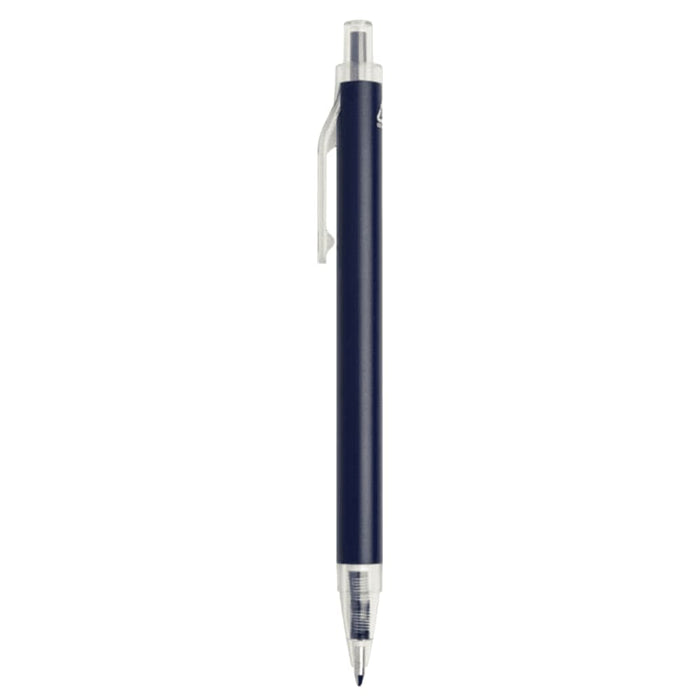 Spectrum Recycled Aluminium Ballpoint Pen - A navy blue recycled aluminium ballpoint pen with a clear grip and clip, featuring a logo on the barrel.