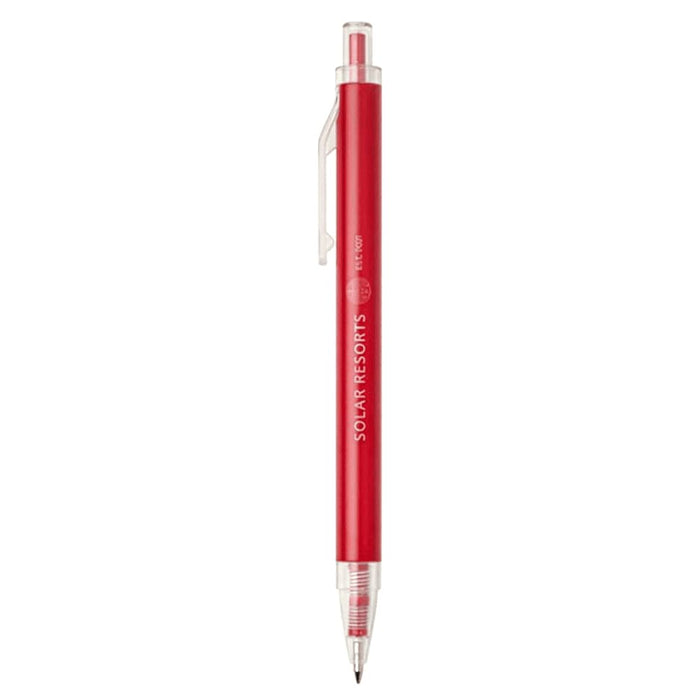 Spectrum Recycled Aluminium Ballpoint Pen - A red recycled aluminium ballpoint pen with a clear barrel and a clip, featuring a logo.