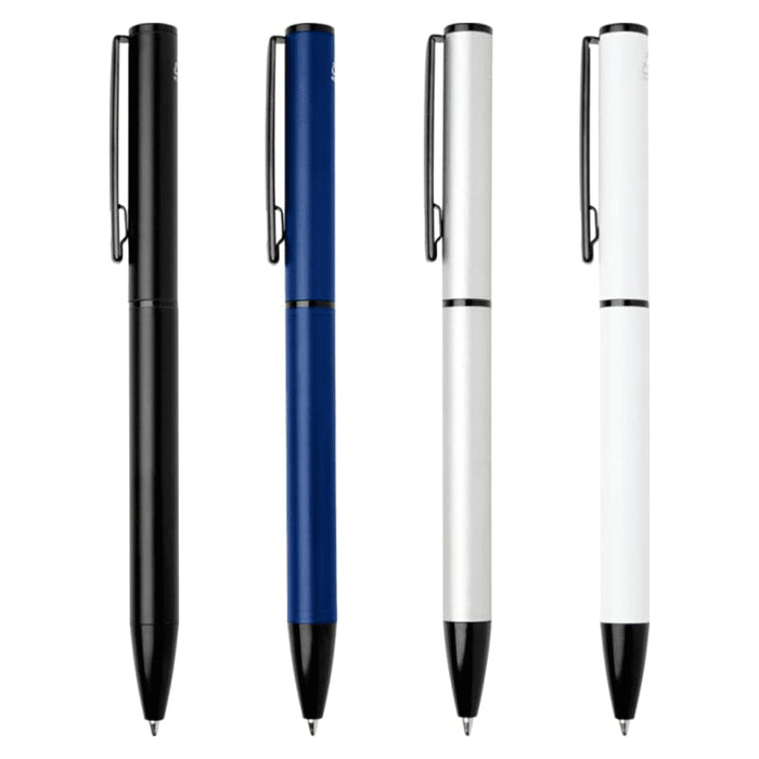 Verton Recycled Aluminium Twist Ballpoint Pen - A collection of four ballpoint pens in black, blue, and white, featuring a sleek design and a clip.