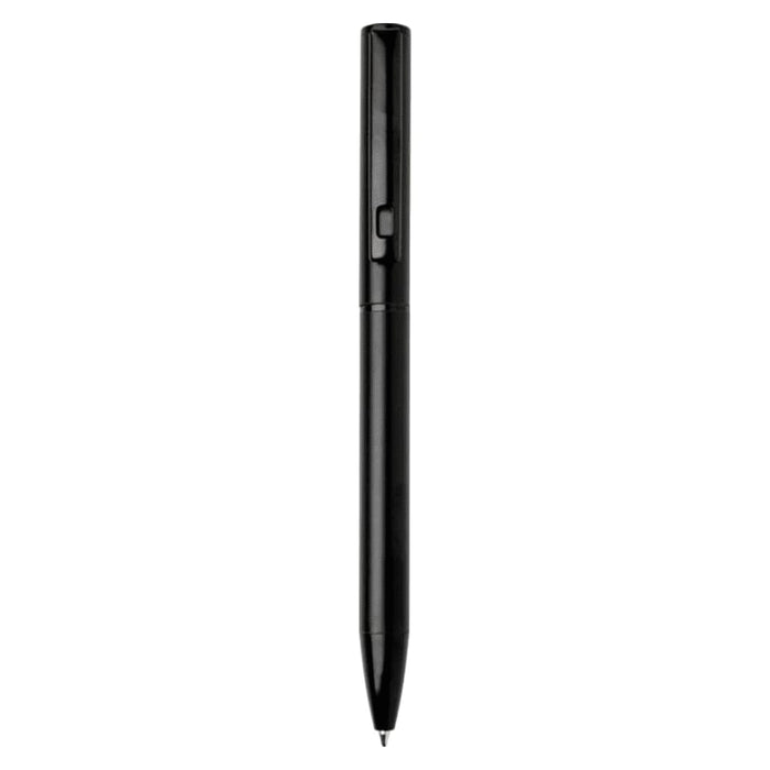 Verton Recycled Aluminium Twist Ballpoint Pen - A black ballpoint pen made from recycled aluminium features a twist mechanism and includes a logo.