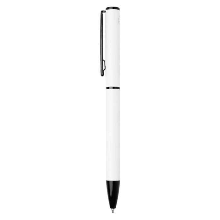Verton Recycled Aluminium Twist Ballpoint Pen - A white ballpoint pen with a black clip and tip, featuring a branding logo.