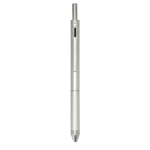 Tine 4-in-1 Gravity Recycled Stainless Steel Pen - A silver recycled stainless steel pen featuring a sleek design and a logo. It includes a stylus tip and various functions.