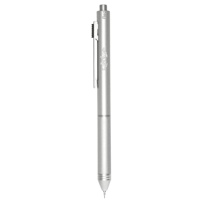 Tine 4-in-1 Gravity Recycled Stainless Steel Pen - A silver stainless steel pen with a sleek design and a logo, featuring a multi-functional 4-in-1 feature.