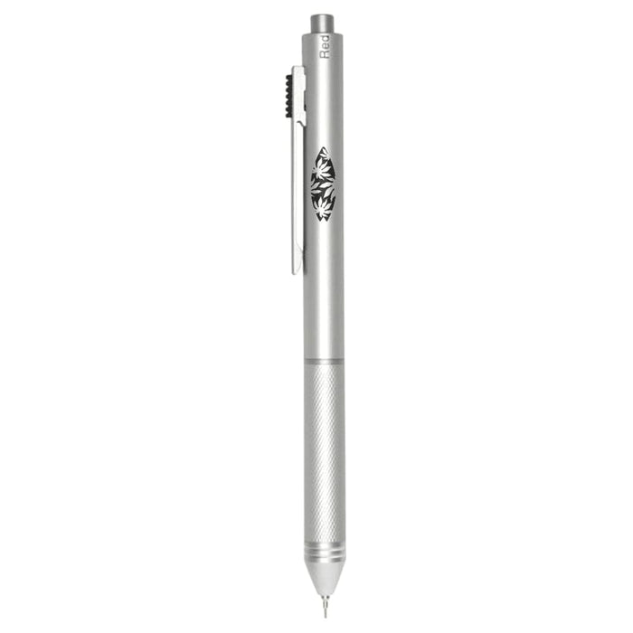 Tine 4-in-1 Gravity Recycled Stainless Steel Pen - A stainless steel pen in silver featuring a textured grip and a logo on the side.