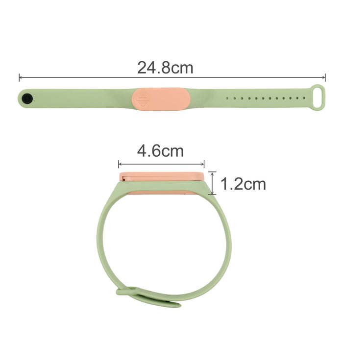 Medicine Box Wristband - A green wristband with a peach button, measuring 24.8cm long, 4.6cm wide, and 1.2cm thick, featuring a logo.