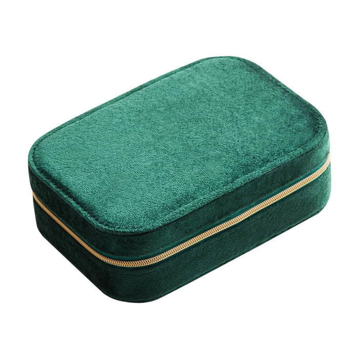 Velvet Jewellery Box with Compartment - A green velvet jewellery box with a compartment and gold zipper detailing. Features a soft textured surface.