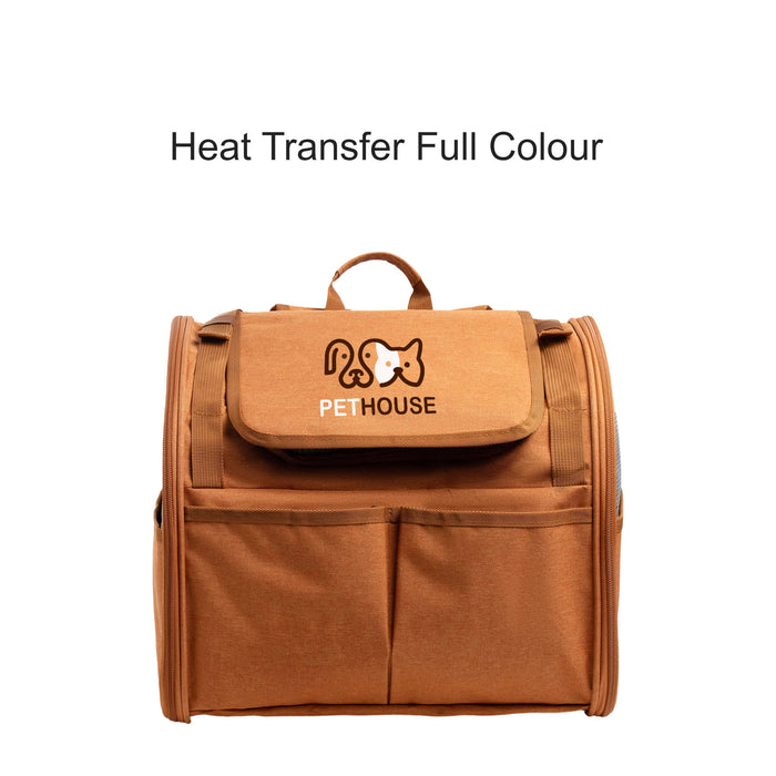 Pet Backpack Carrier with Expandable Design - A brown pet backpack carrier with an expandable design and a front pocket, featuring a logo on the flap.