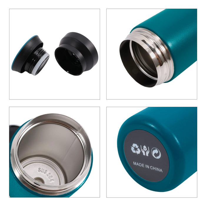 350ML/500ML Double Wall Stainless Steel Drink Bottle - A drink bottle with a teal double wall stainless steel body, featuring a black lid and a silver inner lining.