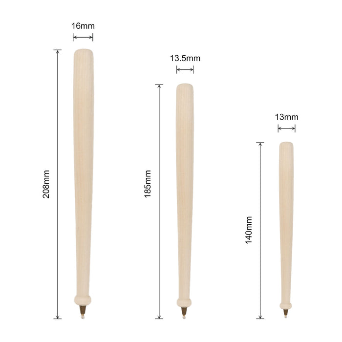 Wooden Baseball Bat Shape Pen - A wooden baseball bat-shaped pen in a light colour, with three size variations and a logo on the side.