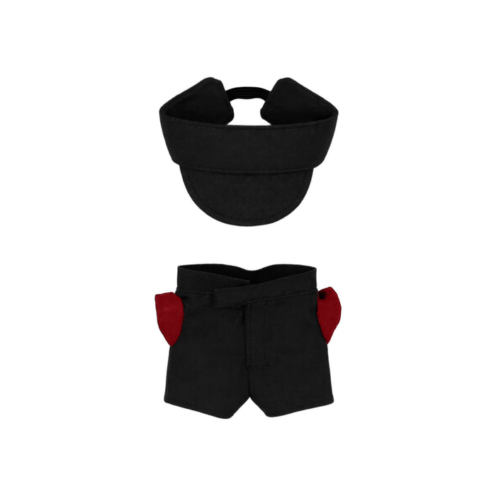Plush Doll Racing Suit Set (10cm Doll) - A black racing suit set for a 10cm plush doll, featuring a matching cap and shorts with red accents.