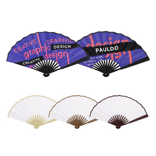 8inch Bamboo Fabric Hand Fan - A set of decorative hand fans, featuring a purple design and plain bamboo finishes in white, gold, and brown.
