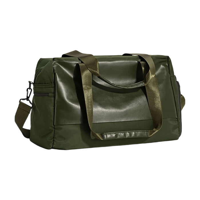 Carry-on Duffle Bag - An olive green carry-on duffle bag with sturdy handles and a shoulder strap. It features a zippered side pocket.