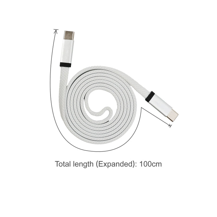 100W Magnetic Flat Braided Charging Cable - A magnetic flat braided charging cable in white, 100cm in total length, featuring connectors at each end and a logo.