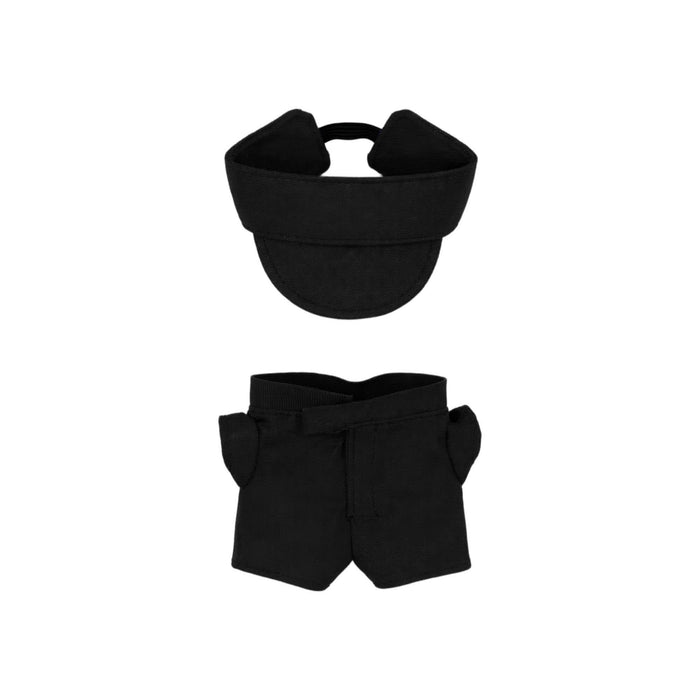 Plush Doll Racing Suit Set (10cm Doll) - A black racing suit set for a 10cm plush doll, including a cap and shorts. Features a branded logo.