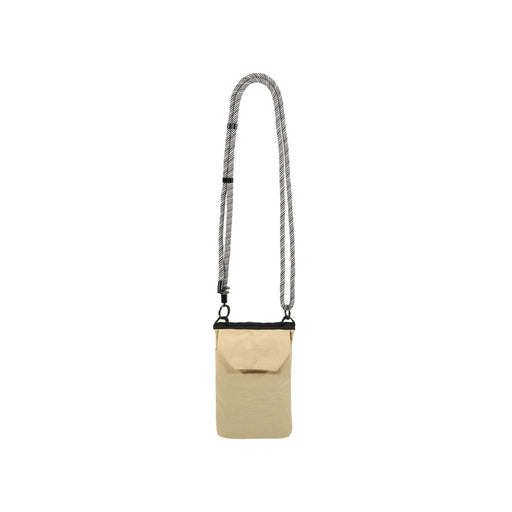 Minimalist Crossbody Phone Bag - A minimalist crossbody phone bag in beige with a patterned strap and a flap closure. It features a logo.