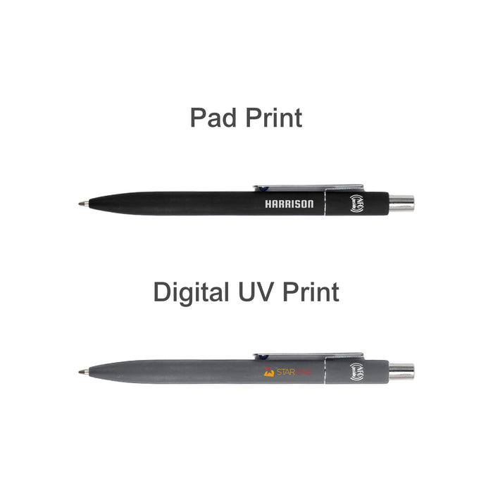 NFC Metal Ballpoint Pen - A black and grey NFC metal ballpoint pen with a logo, displayed with different print finishes above and below.
